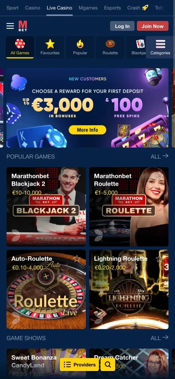 Casino-App-Oberfläche MarathonBet Italien
